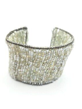 Wide Silver-Tone Cuff Bracelet Iridescent Beads statement Womens Jewelry neutral